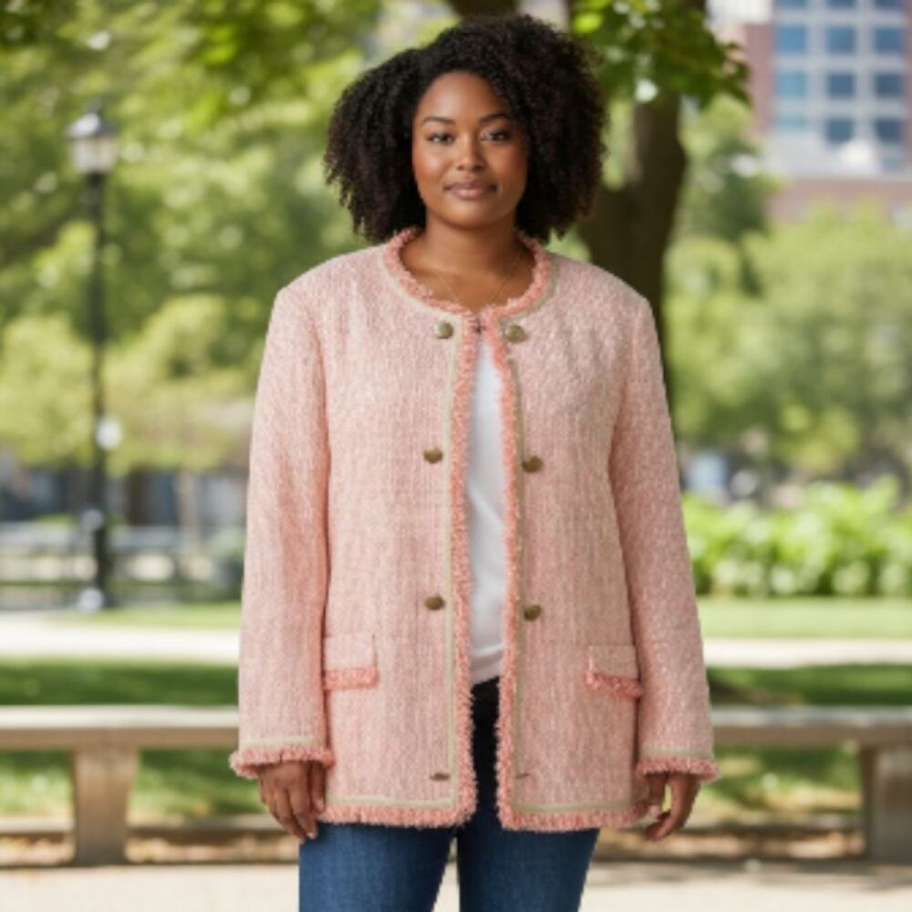 Ming Wang Button Detail Textured Knit Peach Jacket Fringed gold button Women XL